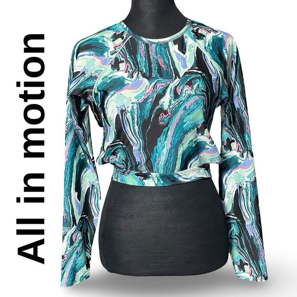 ALL IN MOTION Multicolored Long Sleeve Cropped Swim Top, Tie Back Accent, Size M - Picture 1 of 10